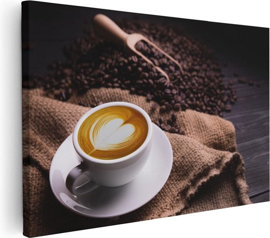 Artaza - Peinture Sur Toile - Tasse De Café Dans Un Coeur Avec Des Grains De Grains de café - 30x20 - Klein - Photo Sur Toile - Impression Sur Toile