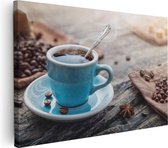 Artaza Canvas Schilderij Blauw Kopje Koffie Met Koffiebonen - 90x60 - Foto Op Canvas - Canvas Print - Muurdecoratie