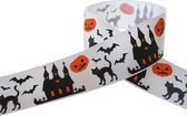 Halloween Lint | Grosgrain Ripsband 25mm (2,5cm) | Spook Griezel Halloweenlint | Spookkasteel Kat Vleermuis Pompoen | Wit | Cadeaulint | Decoratielint | Lengte: 5 Meter