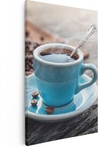 Artaza Canvas Schilderij Blauw Kopje Koffie Met Koffiebonen - 20x30 - Klein - Foto Op Canvas - Canvas Print