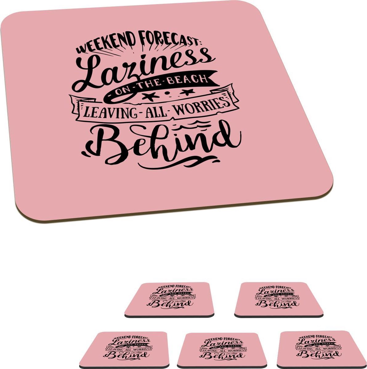 Onderzetters voor glazen - Zomer - Quotes - Roze - Strand - 10x10 cm - Glasonderzetters - 6 stuks