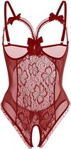 Erotische body - bordeaux (rood) - open borsten - open kruis - sexy - uitdagend - vrouwelijk - sensueel