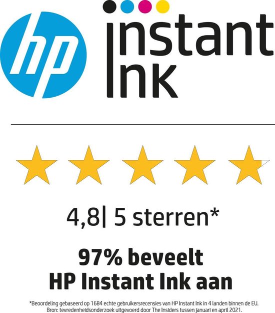 Logo van HP Instant Ink met 5 gele sterren en de tekst '4,8|5 sterren' en '97% beveelt HP Instant Ink aan'.