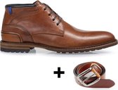Floris van Bommel herenschoenen - Heren schoenen - Veterboots - Cognac Leer - Maat 42,5 8½ - Inclusief Herenriem