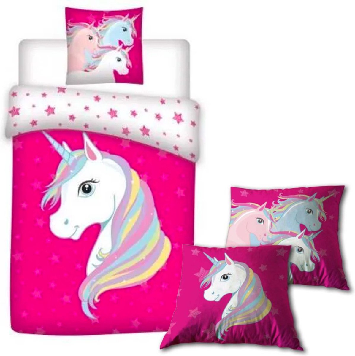 Unicorn Dekbedovertrek Stars - Eenpersoons - 140 x 200 cm - Polyester - roze , incl. Sierkussen Unicorn bijpassend - 40x40cm