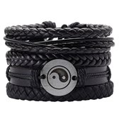 Fako Bijoux® - Armband - Leder - Set Yin Yang - 5 Stuks - Zwart