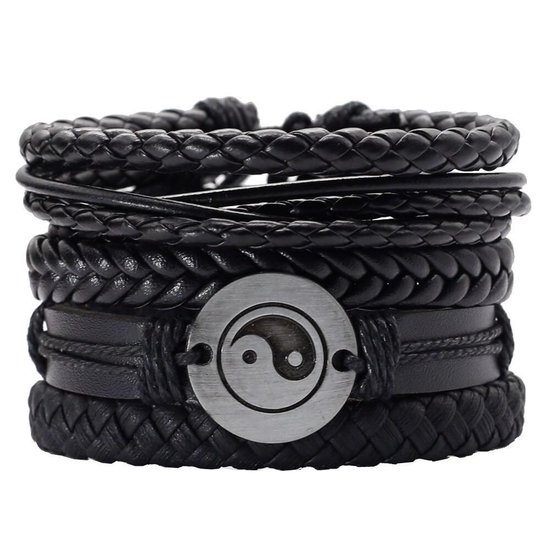 Fako Bijoux® - Leren Armband - Leder - Set Yin Yang - 5 Stuks - Zwart