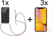 iPhone XR hoesje transparant met rosé koord shock proof case - 3x iPhone XR screenprotector