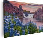 Artaza Canvas Schilderij Waterval Met Blauwe Lupine Bloemen - 120x80 - Groot - Foto Op Canvas - Canvas Print
