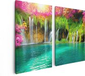 Artaza Peinture Sur Toile Diptyque Cascade Avec Fleurs Roses Et Vertes - 80x60 - Tableau Sur Toile - Impression Sur Toile