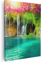 Artaza - Peinture sur toile - Cascade avec des Fleurs roses et vertes - 80 x 100 - Groot - Photo sur toile - Impression sur toile