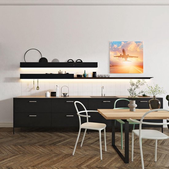 Artaza Peinture sur toile Un avion décolle sur la piste avec le soleil - 50 x 50 - Photo sur toile - Impression sur toile