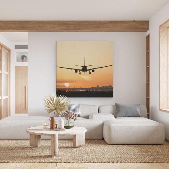 Artaza Peinture sur Toile Avion Atterrissant Pendant le Coucher du Soleil - 80x80 - Groot - Photo sur Toile - Impression sur Toile