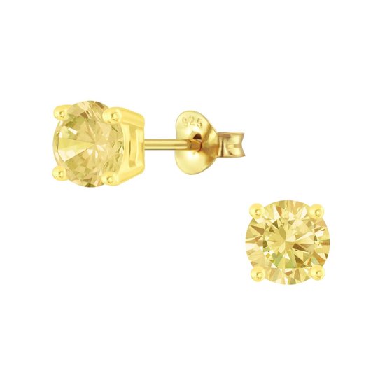 Joy|S - Zilveren 6 mm oorbellen - rond - zirkonia champagne geel - 14k goudplating