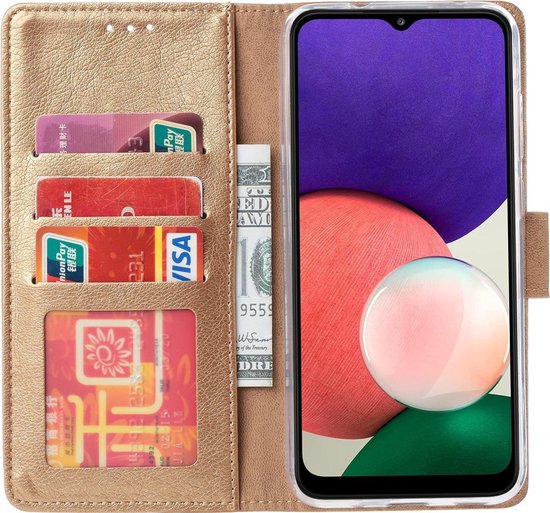 Goudkleurig boekhoesje voor Samsung Galaxy A22 met kaarthouders en portemonneevak.