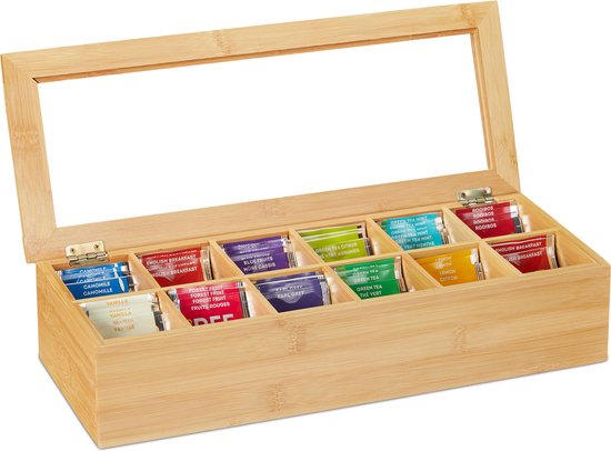 Relaxdays theedoos bamboe - 12 vaks - theekist - organizer - thee box - voor theezakjes