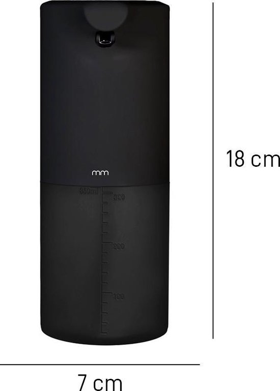 Zwarte automatische zeepdispenser van 18 cm hoog en 7 cm breed, met een reservoir met maataanduiding.