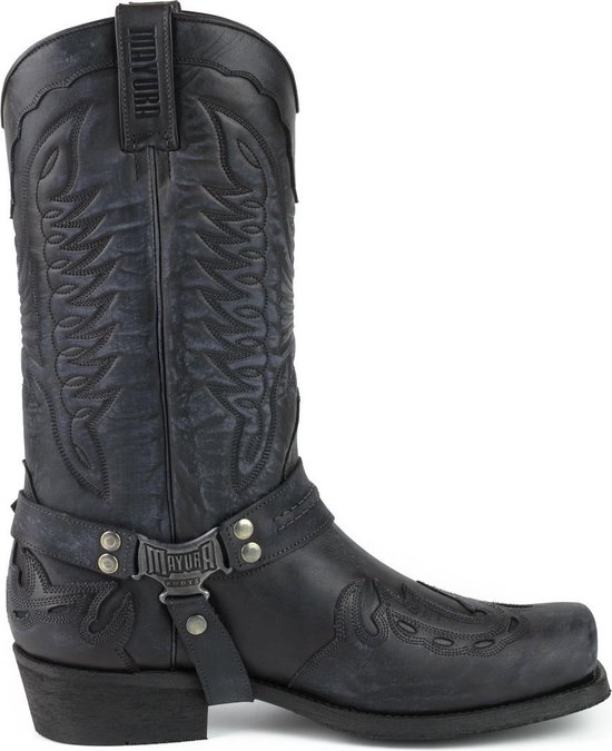 Mayura Boots Indian 2471 Vintage Zwart/Cowboy Biker Laarzen Heren Vierkante Neus Platte Hak Afneembaar Spoor Echt Leer Maat EU 41