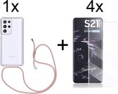Samsung S21 Ultra Hoesje - Samsung Galaxy S21 Ultra hoesje transparant met rosé koord shock proof case - 4x Samsung S21 Ultra screenprotector UV