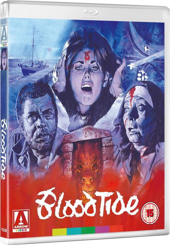 Drie angstige gezichten met rode symbolen op hun voorhoofden, boven een demonische muil. De titel "Blood Tide" is groot weergegeven.