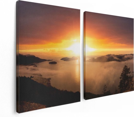 Artaza Canvas Schilderij Tweeluik Zonsondergang In De Bergen Met Wolken - 120x80 - Foto Op Canvas - Canvas Print
