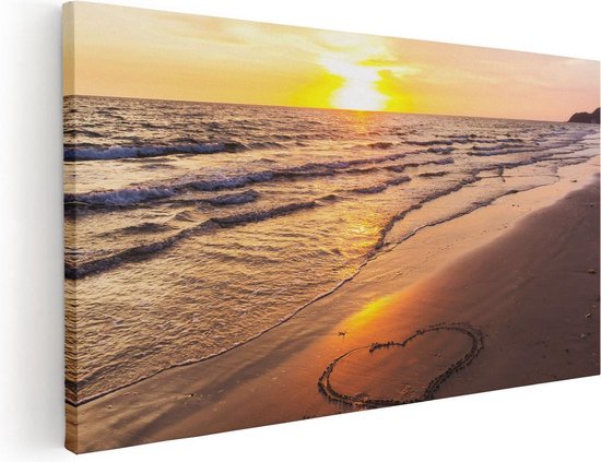 Artaza Canvas Schilderij Zonsondergang Op Het Strand Met Een Hartje - 40x20 - Klein - Foto Op Canvas - Canvas Print