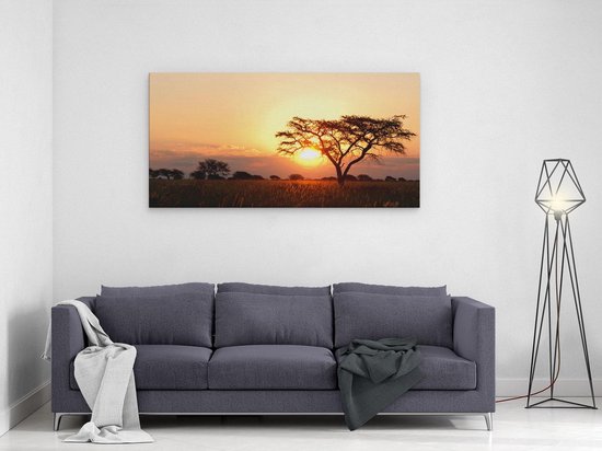 Artaza Canvas Schilderij Zonsondergang Achter Een Acacia Boom - 120x60 cm - Groot - Wanddecoratie Woonkamer - Schilderijen - Muurdecoratie
