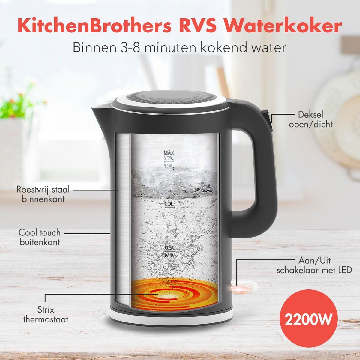 KitchenBrothers Elektrische Waterkoker - 1,7L - 2200W - RVS - Zwart |  bol.com