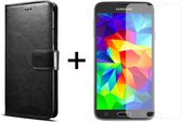 Samsung S5 Hoesje - Samsung Galaxy S5 hoesje bookcase met pasjeshouder zwart wallet portemonnee book case cover - 1x Samsung S5 screenprotector