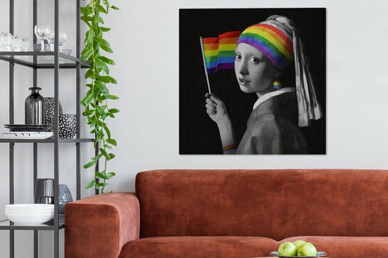 Canvas schilderij 90x90 cm - Wanddecoratie Meisje met de parel - Pride Vlag - Regenboog - Muurdecoratie woonkamer - Slaapkamer decoratie - Kamer accessoires - Schilderijen op canvas