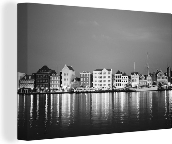 Canvas Schilderij Curaçao - Willemstad - Zwart - Wit - 30x20 cm - Wanddecoratie