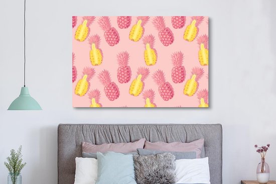 Canvas schilderij 150x100 cm - Wanddecoratie Zomer - Ananassen - Geel - Roze - Muurdecoratie woonkamer - Slaapkamer decoratie - Kamer accessoires - Schilderijen