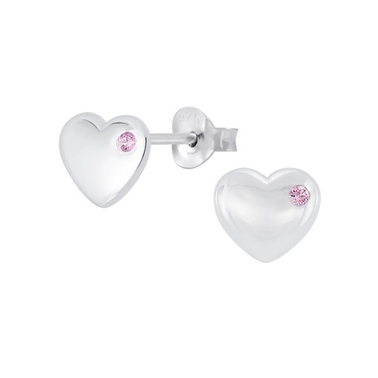 Joy|S - Zilveren hart oorbellen - roze zirkonia - 8 mm