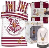 Harry Potter Dekbedovertrek Rood/Wit Hogwarts Logo- 1 persoons 140x200- 100% biologisch Katoen, incl. Golden Snitch Lamp