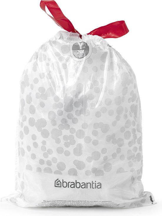 Witte Brabantia vuilniszak met grijs cirkelpatroon en rood trekband. Code Y, 20L.