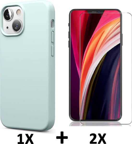 Coque Apple iPhone 13 Turquoise & 2 Pièces Protecteur d'écran en Verres - Coque Arrière en Siliconen