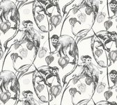AS Creation MICHALSKY - Jungle behang - Slingeraapjes tussen de bladeren - grijs wit zwart - 1005 x 53 cm