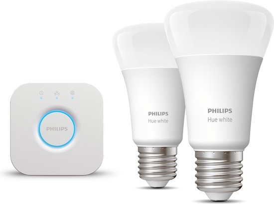 Philips Hue Starterspakket White E27 - 2 Hue E27 LED Lampen en Bridge - Eenvoudige Installatie - Werkt met Alexa en Google Home