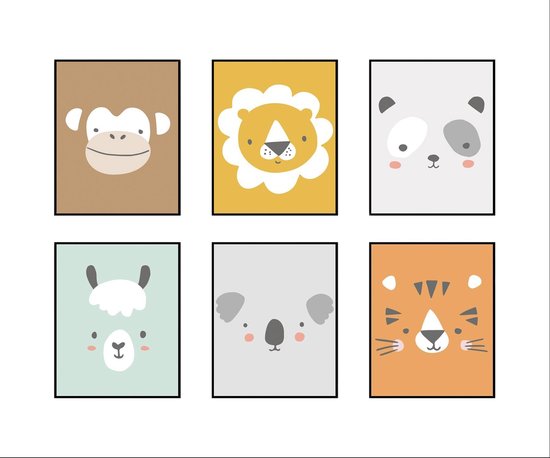 Poster Set 6 Aapje Leeuw Panda Alpaca Tijger Koala Hoofd Dieren - Kinderkamer - Dierenposter - Babykamer / Kinderposter - Babyshower Cadeau -...