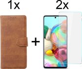 Samsung A71 Hoesje - Samsung Galaxy A71 hoesje bookcase bruin wallet case portemonnee hoes cover hoesjes - 2x Samsung A71 screenprotector