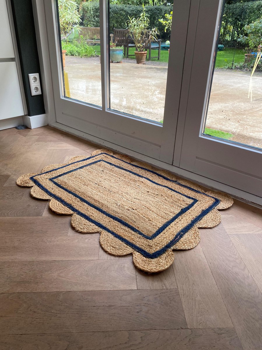 Deurmat/jute mat/vloerkleed/tapijt blauwe rand geschulpt