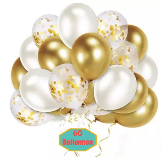Baloba® 60 stuks Gouden, Wit & Papieren Confetti Ballonnen met Lint - Helium Latex Ballonnen