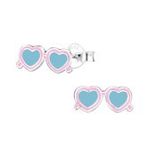 Joy|S - Zilveren hartjes zonnebril oorbellen - 12 x 5 mm - roze blauw