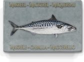 makreel op grijsblauwe achtergrond  - niet van echt te onderscheiden schilderijtje op hout - makreel in 6 talen -  Laqueprint