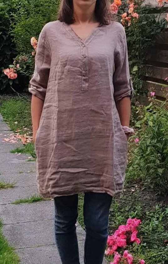 Linnen blouse lang lange mouw jeansblauw