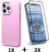 iPhone 13 Pro Hoesje Roze & 2X Volledige Glazen Screenprotector - Siliconen Back Cover