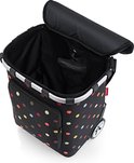 Zwarte boodschappentrolley met veelkleurige stippen, open vak, zilverkleurig frame en wielen.