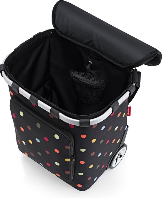 Zwarte boodschappentrolley met veelkleurige stippen, open vak, zilverkleurig frame en wielen.