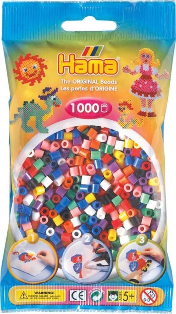 Hama bonte basis kleuren mix (gemengd multicolor primaire kleuren) midi strijkkralen, zakje met 1000 stuks normale strijkparels (cadeau idee voor kinderen!)