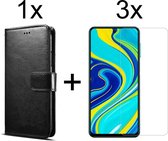 Xiaomi Redmi Note 9 Pro hoesje bookcase met pasjeshouder zwart wallet portemonnee book case cover - 3x Xiaomi Redmi Note 9 Pro screenprotector